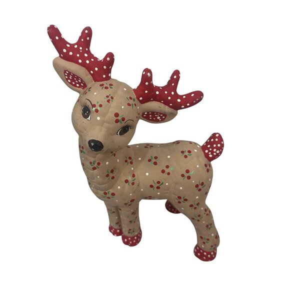 Set Of 6 Handcrafted Ceramic Reindeer Figurines Red Antlers & Floral Vintage - Picture 6 of 16
